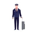 Pilot. Young capitan airplane. Male aircraft staff in dark blue uniform and hat with luggage, commercial journey aviator