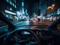 Piloted car from a first person point of view (POV). Along the main street of the city, city at night. AI Royalty Free Stock Photo