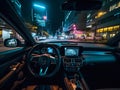 Piloted car from a first person point of view (POV). Along the main street of the city, city at night. AI Royalty Free Stock Photo
