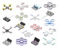 Pilotless Drone as Aerial Vehicle and Remote Control Panel Isometric Big Vector Set