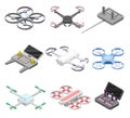 Pilotless Drone as Aerial Vehicle and Remote Control Panel Isometric Vector Set