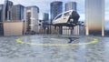 Pilotless passenger air taxi makes a departure for the call of the client. The concept of the future unmanned taxi. 3D