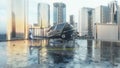 Pilotless passenger drone makes a departure for the call of the client. The concept of the future unmanned air taxi. 3D