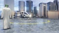 Pilotless passenger taxi makes a departure for the call of the client. The concept of the future unmanned air taxi. 3D