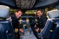 Pilots in Emirates Airbus A380 aircraft after landing Royalty Free Stock Photo