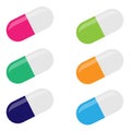 Sat pill flat icon isolated on white background. Multi-colored pills in capsules.