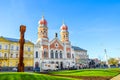 Pilsen, Czech Republic - Oct 28, 2019: The Great Synagogue in Plzen, the second largest synagogue in Europe. Front side facade of