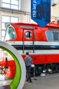 Pilsen, Czech Republic - Oct 28, 2019: Inside exhibition in the Techmania Science Center. Old red train locomotive as one of the