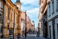 Pilsen Plzen, Czech Republic - May 27, 2018: View of B. Smetany street with St. Ann`s Church