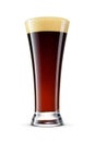 Pilsner glass of fresh dark porter beer with cap of foam isolated on white background