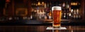 Pilsner glass of light beer on bar table in a dark pub with copy space. Generative AI Royalty Free Stock Photo