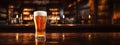 Pilsner glass of light beer on bar table in a dark pub with copy space. Generative AI Royalty Free Stock Photo