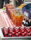 Pimm`s Cocktail Pitchers, Outdoor Summer Bar. Royalty Free Stock Photo