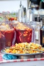 Pimm`s Pitchers, Outdoor Summer Bar. Royalty Free Stock Photo
