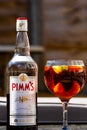Pimms bottle and glass