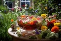 pimms punch bowl surrounded by garden flowers
