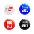 Pin badges with discounts info. Round realistic buttons. 3D price tags. Isolated super sale promo brooches. Best price