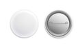 Pin badges. Realistic white round empty button. Metal 3D merchandise sign. Souvenir plastic badging mockup for branding