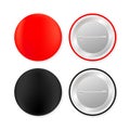 Pin badges. Red and black round blank button. Souvenir magnet badging mockup. Vector stock illustration Royalty Free Stock Photo