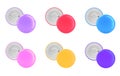 Pin buttons mockup, blank round purple, red, blue, pink and yellow metal badges 3d render. Realistic set of color brooch Royalty Free Stock Photo