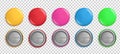 Pin buttons. Round badges, circle glossy colorful magnets. Pink, red and yellow realistic  vector pins mockup Royalty Free Stock Photo