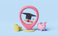 Pin with hat graduation,money coins,diploma rolled, piggy bank saving isolated on blue background.investment education or