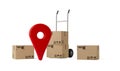 Pin location tracking marker in group of cardboard boxes or parcels with wheel barrow or hand truck on white background,