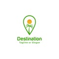 Pin or locator icon incorporated with palm tree and sun. Logo design related to tourism destination or travel agency Royalty Free Stock Photo