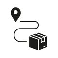 Pin on Map with Box, Shipment Distance Silhouette Icon. Parcel Location Glyph Pictogram. Delivery Service Route Solid