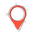 Pin map icon in comic style. Cartoon gps navigation vector illustration pictogram. Target destination business concept splash Royalty Free Stock Photo