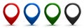 Pin map marker pointer 3d, set red blue green and black GPS location flat symbol, domain marker location
