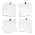 Pin notes. White note papers curled corner with pinned colored push button office board announcement message, realistic Royalty Free Stock Photo