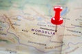 Pin on the top world map. Ulaanbaatar, Mongolia background Royalty Free Stock Photo