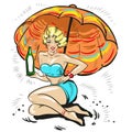 Pin up blond girl holding bottle drink under sun umrella