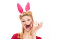 Pin-up Bunny. Beautiful blonde girl with bunny ears and Easter egg. Easter Cards. Pin up Easter. Bunny ears concept