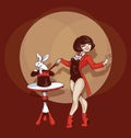 Pin-up cartoon cute illusionist with white rabbit