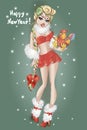 Pin-up Christmas girl with cock, Happy New Year 2017. Vector