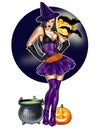 Pin up dressed up as Halloween witch on a dark sky background