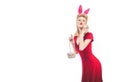 Pin up Easter. Lovely woman in rabbit costume. Happy woman preparing for Easter. Pinup woman in bunny ears with Easter