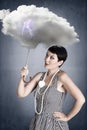 Pin-up girl with cloud umbrella under storm Royalty Free Stock Photo