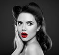 Pin up girl with red lips. Wow face expressions emotion. Retro v