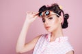 Pin up girl. retro woman with fashion makeup. beauty salon and hairdresser. happy girl in summer glasses. vintage Royalty Free Stock Photo
