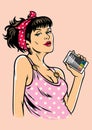 Pin up girl style holding a smartphone Royalty Free Stock Photo