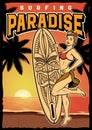 Pin up girl with a surfboard on sunset beach poster