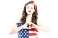 Pin up girl wrapped in american flag with hand in heart form Royalty Free Stock Photo