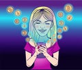 Woman with smartphone and money, bitcoins, vector
