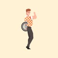 Pin-up male model holding bike wheel and showing bicep. Cartoon guy in checkered retro shirt and black trousers. Young