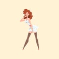 Pin-up model wearing vintage polka-dot dress and black stockings. curly-haired girl. Cartoon seductive woman