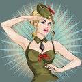 Pin-Up girl in military uniform saluting 23 February