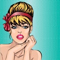 Pin up style beautiful woman portrait, pop art comic girl looking forward illustration